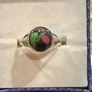 Multi color copper turquoise silver ring